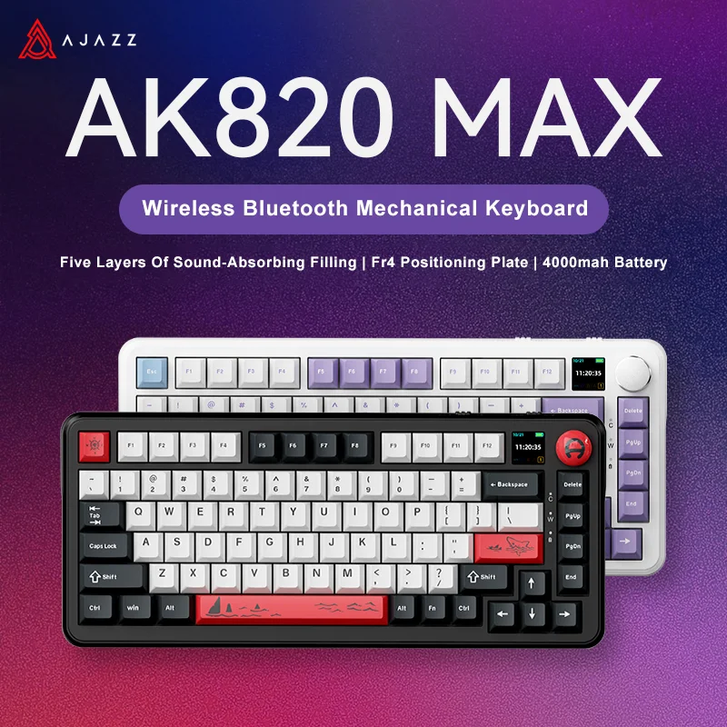 Ajazz AK820 MAX 75% 기계식 키보드, TFT 스크린 및 손잡이가 있는 게임용 키보드, 블루투스, 무선, 유선 맞춤형 키보드