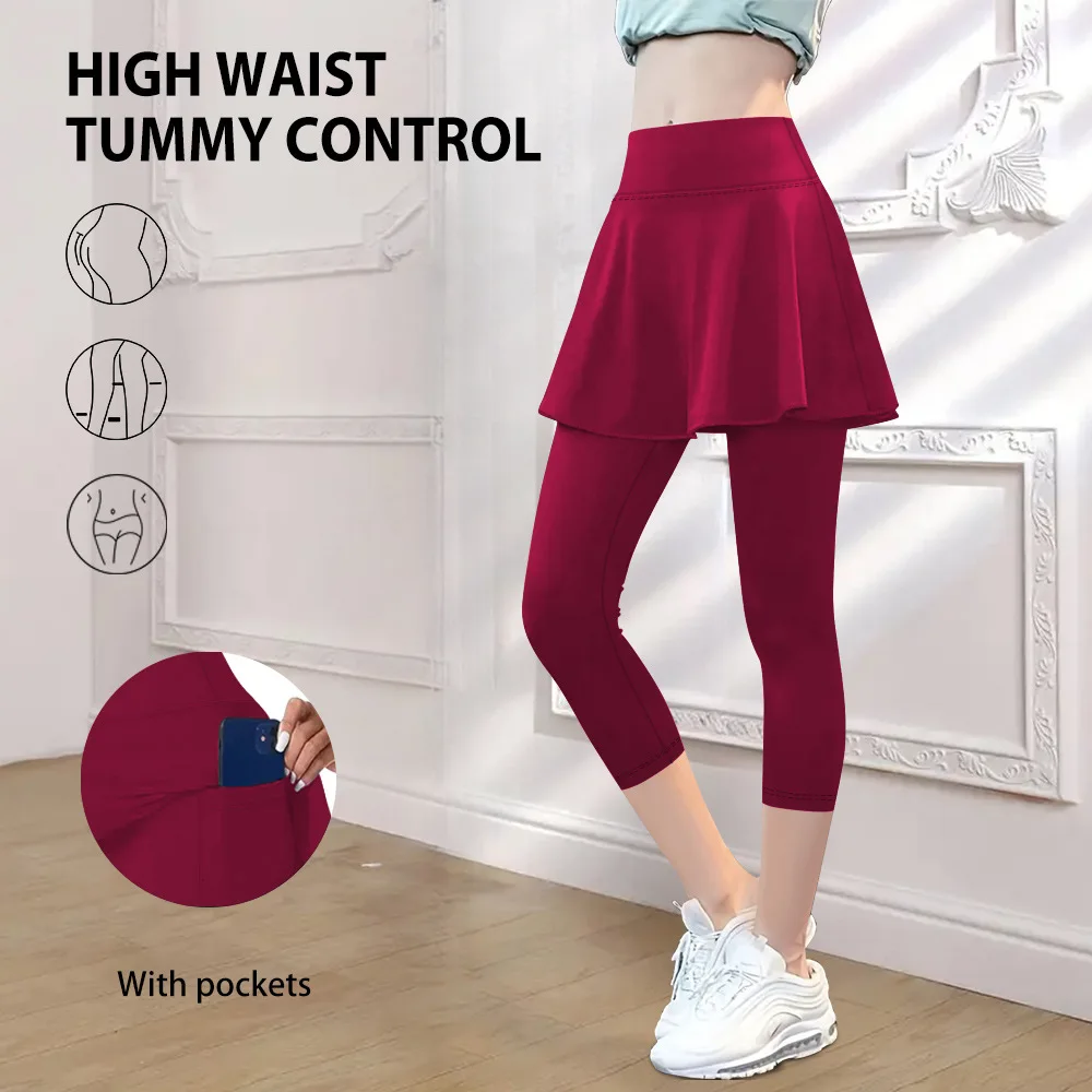 سروال نسائي أوروبي أمريكي مزيف مكون من قطعتين 7/8 سكورت - خصر عالي مع جيب من حرير الحليب كاجوال للتمرين لملابس خارجية #4