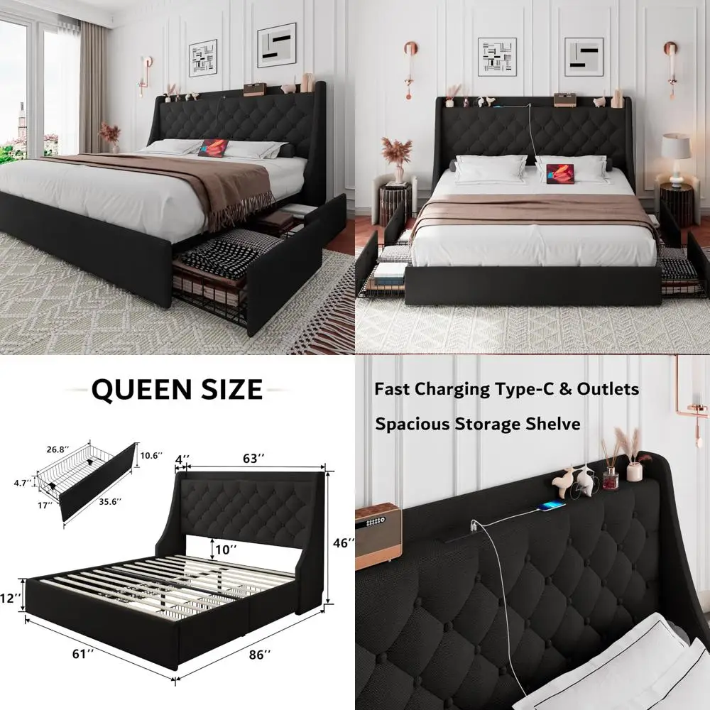 Queen Size Upholstered Bed Frame with Storage Drawers and USB Charging Ports