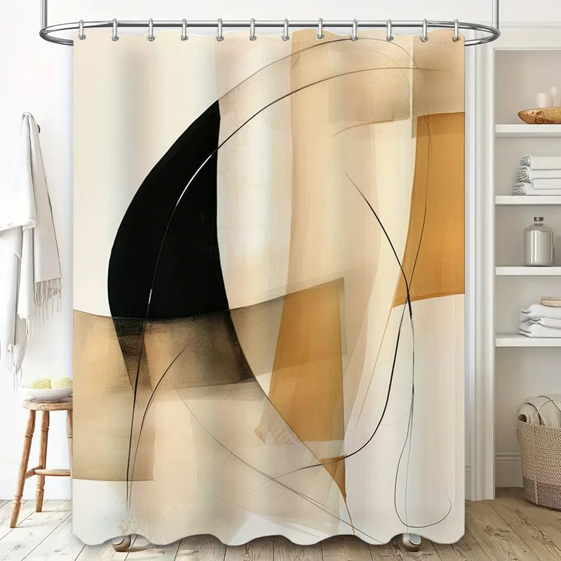 Modern Abstract Shower Curtain Set Decorate Bathrooms with Geometric Shapes in Beige Black Brown Extra Long Size for Bathtub or