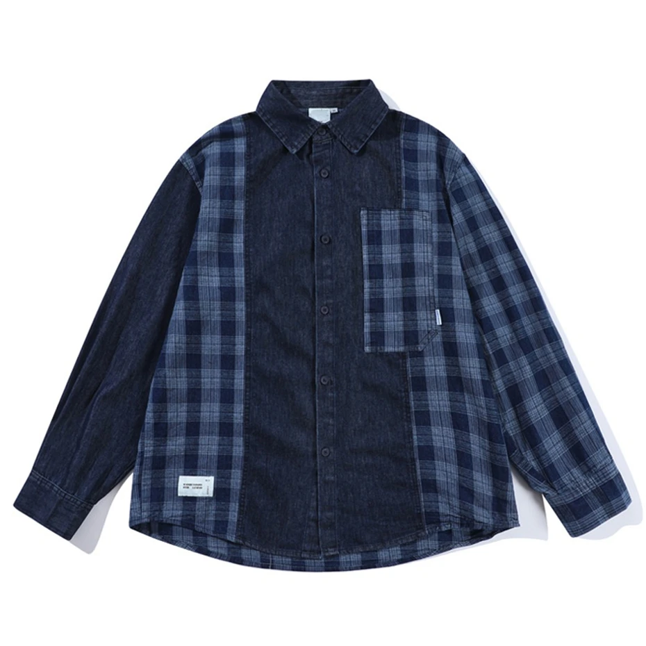 Mens Washed Plaid Shirts Streetwear Harajuku Patchwork Casual Blouse Men Oversized Vintage Japan Style Long Sleeve Shirt Unisex