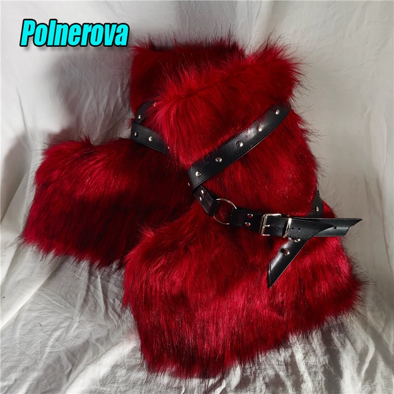 

Red Fur Belt Buckle Strap Snow Boots Punk Round Toe Thick Soled Slip On Mid-Calf Boots Winter New Platform Runway Women Shoes