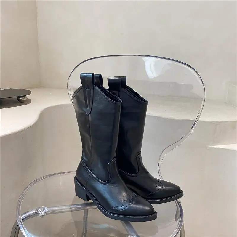 New Rock Ladies Boots Leather Mid Calf Footwear Half High Shoes For Women Middle Heel Sale With Stylish Spring Autumn Hot