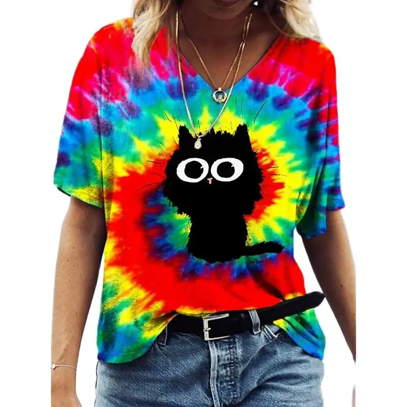 Vrouwen 3d Katten Print T-Shirt Mode Vrouw Blouses 2023 Grappige Kawaii V-Hals T-Shirt Vrouwelijke Kleding Oversized Zomer Tops T-Shirts