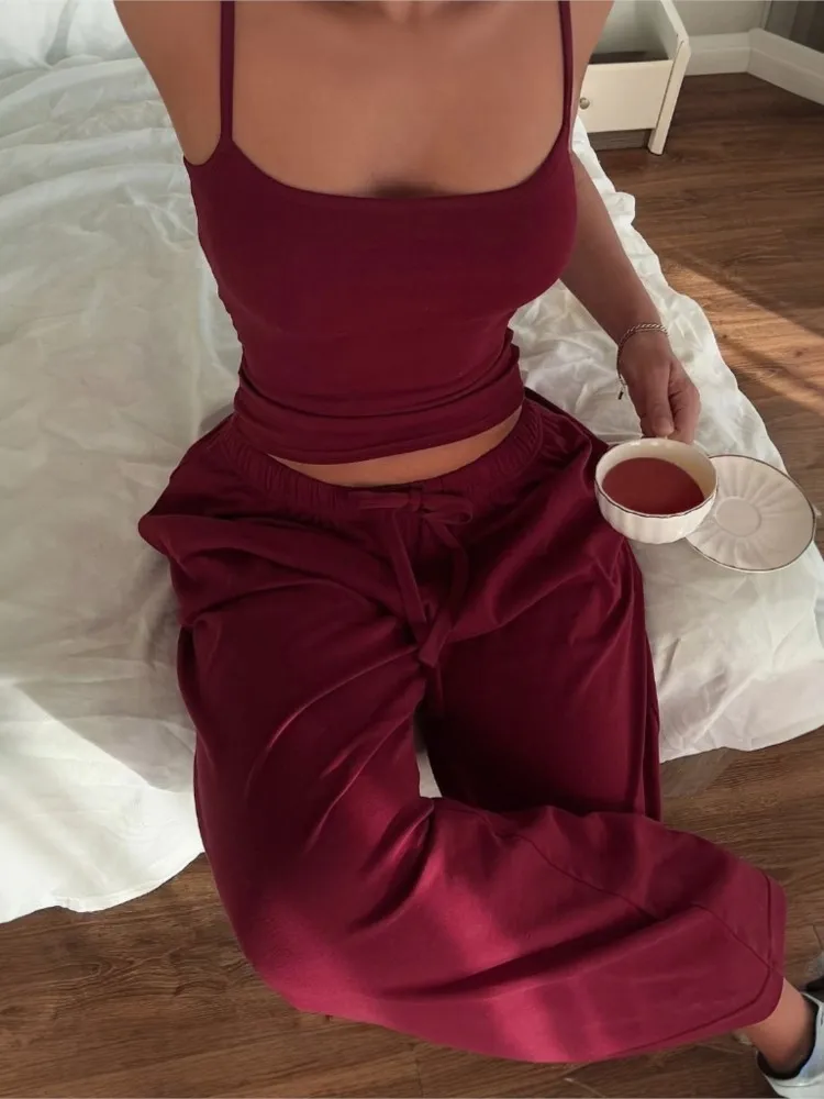 Backless Sling Two Piece Outfits New In Matching Sets 2 Pieces Set For Woman High Waist Wide Leg Pants Casual Homewear All-match