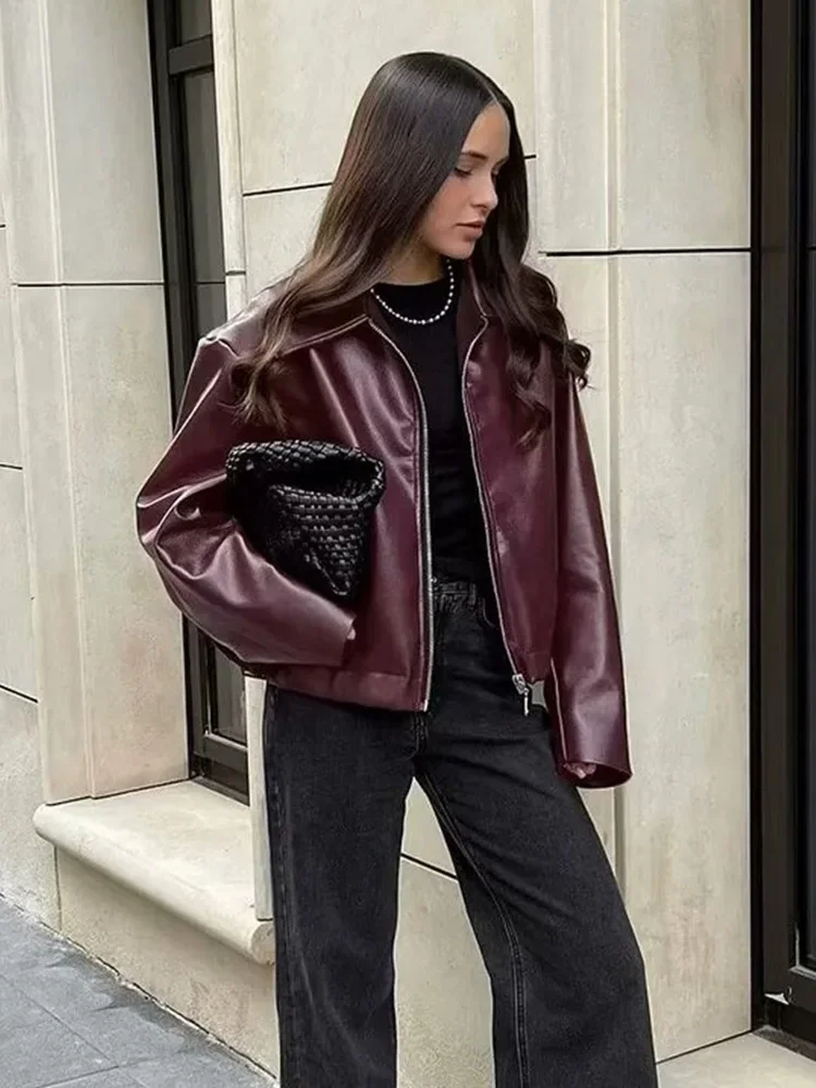 Women Autumn Fashion Faux Leather Burgundy Jackets Casual Lapel Long Sleeve Zipper Coats Female Chic Moto Biker Outerwear TRAF