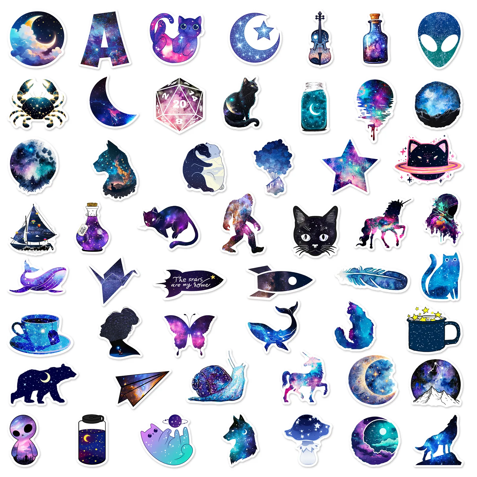 Waterproof Animals Adesivos para Crianças, Starry Sky Graffiti, DIY, Personalidade, Telefone, Guitarra, Laptop, Mala, Etiqueta do copo, Brinquedo, 50Pcs