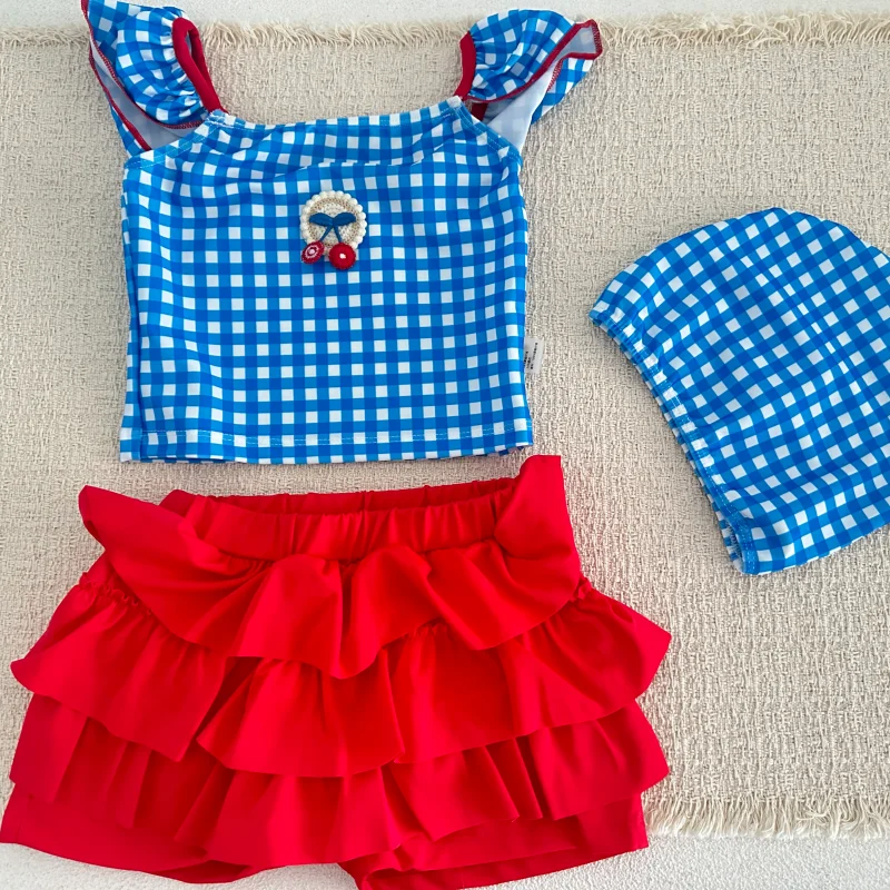 2026 Summer Korean Style 2-9Y Kids Girl Swimwear Plaid 3Piece Children Swimsuit Sets Water Sports Baby Girl Clothes