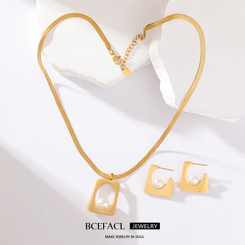 

BCEFACL 316L Stainless Steel Geometric Pearl Jewelry Sets Necklace Earrings For Women New Fashion Waterproof Jewelry Gift Bijoux