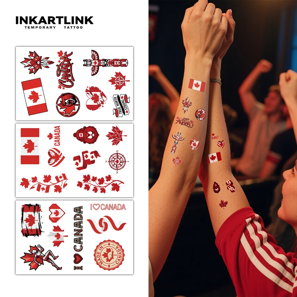 

INKARTLINK 1 набор из 3 шт. временных водонепроницаемых тату-наклеек с флагом Канады, цвет сохраняется 2-5 дней