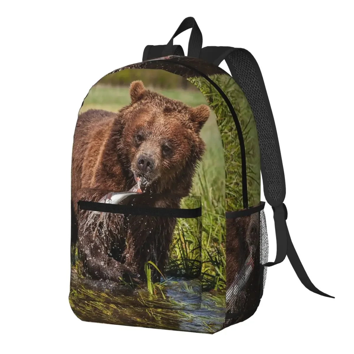 Grizzly Bear Nature Eating Fish In A Stream Backpack Daypack Big Capacity Boys Girls BookBag School Bag Shoulder Bags for Unisex