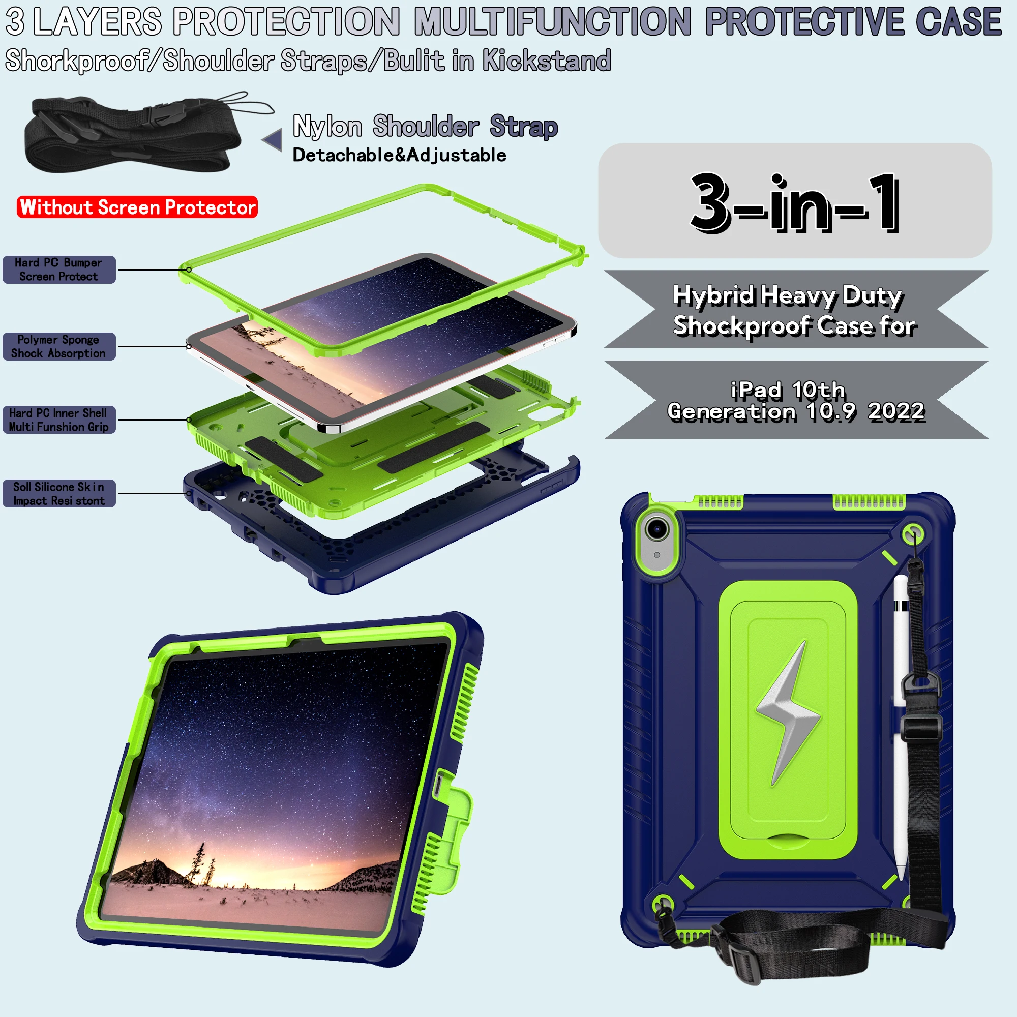 3-in-1 Hybrid Stand Case For iPad A16 2025 11th 10.9 2022 10th 10.2 7th 8th 9th Gen Air 1 2 Pro 9.7 2017 2018 Heavy Duty Cover