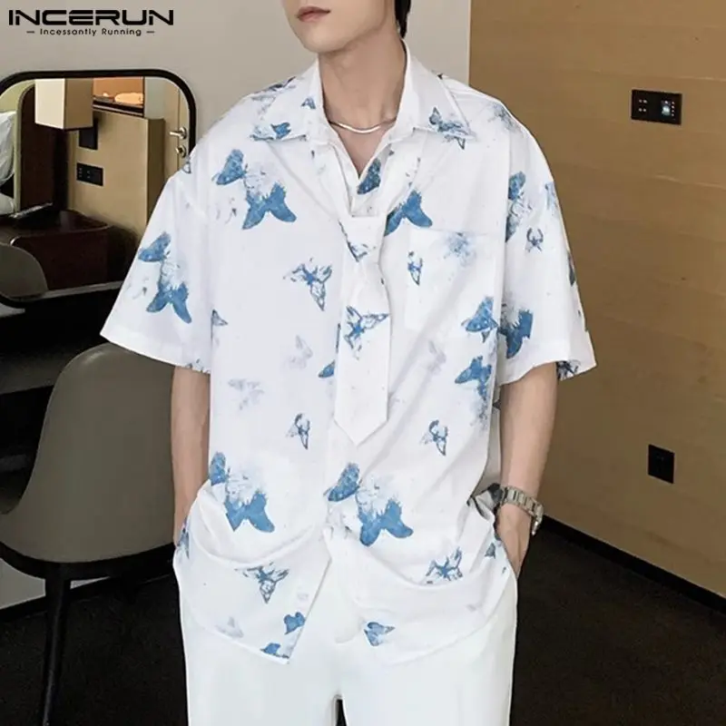 Handsome Well Fitting Tops INCERUN New Men's Funny Printed Tie Design Shirts Summer Casual Male Loose Short Sleeved Blouse S-5XL