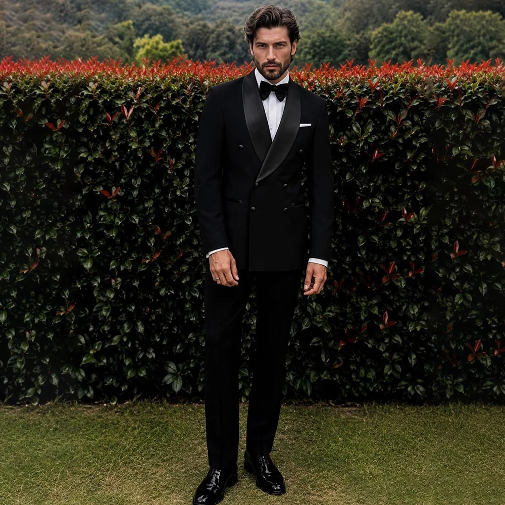 Timeless Men Black Tuxedo Suit Satin Shawl Lapel Double Breasted Blazer Pants Set Luxury Wedding Prom Party Groom Outfit
