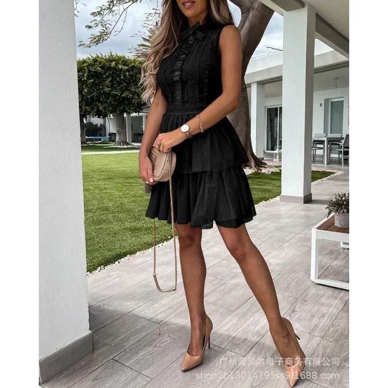 Elegant 2025 Sleeveless O Neck Bow Mesh Corset Tierred Ruffle Pleated Mini Dress Sexy Women Lace Cut Out Evening Party Dress