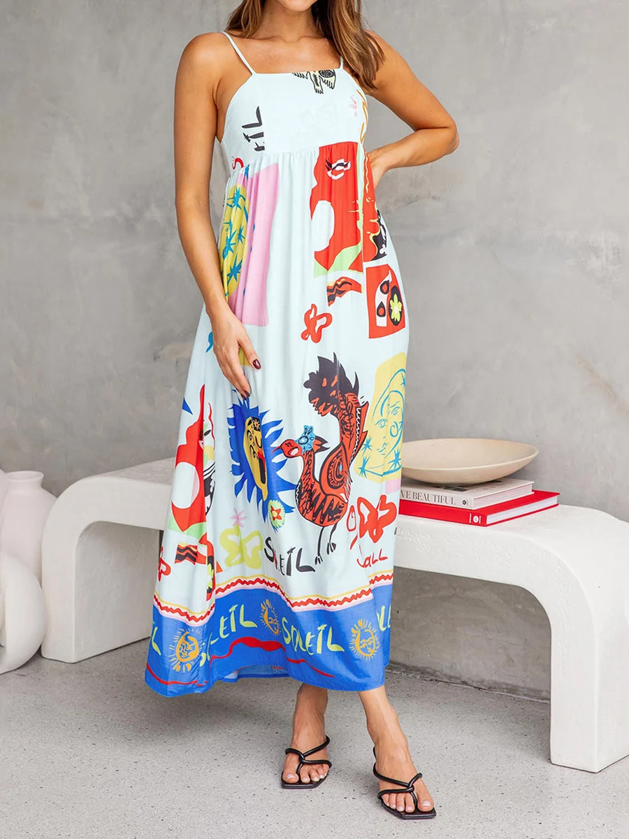 

Women Boho Maxi Cami Dress Graffiti Print Sleeveless Spaghetti Strap Flowy Long Dress Y2K A Line Sundress