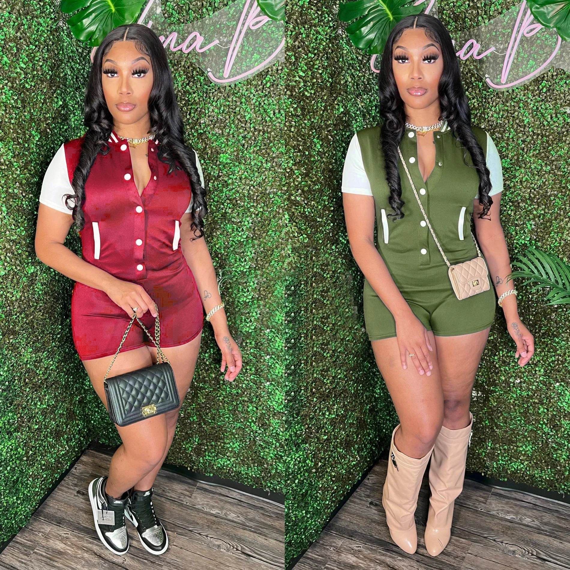 Summer Clothes Jumpsuit Women's Button Front V Neck Romper High Waist Straight Leg Short Jumpsuit Olive Green Burgundy Casual - Image 2