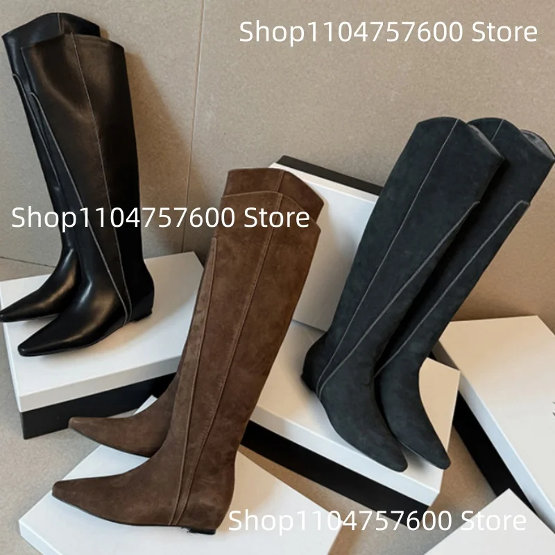 Women's Black Leather Over-The-Knee Boots Contrast Stitching Design Low Pointed Heel Elegance Office-Casual Ladies Daily Botas