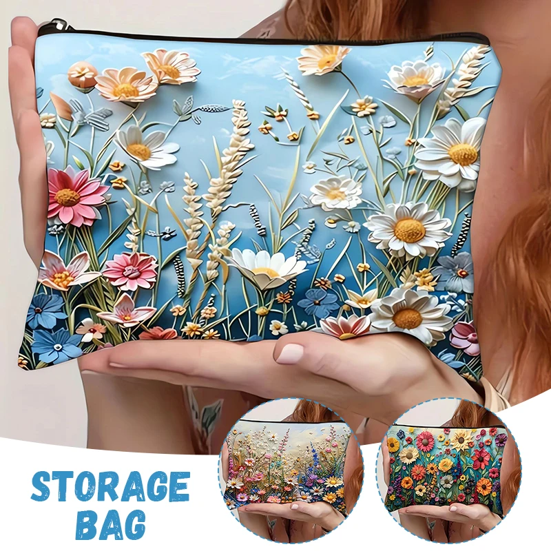 

Boho Floral & Double-Sided Printed Linen Makeup Bag - Women's Travel Cosmetic Organizer Pouch, Reusable Storage Case