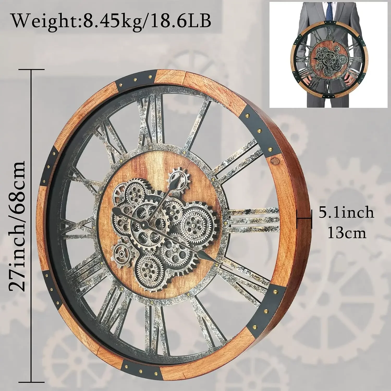 27 Inch Moving Gear Wall Clock, Oversized Wall Clocks, Clock Living Room Decor, Solid Wood Frame, Battery Operated, Large Wall C