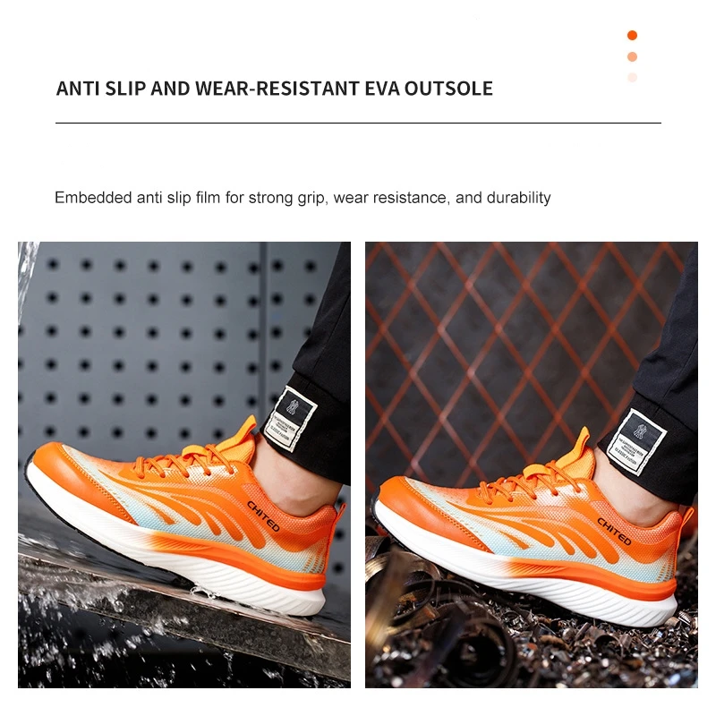 Four-season EVA-soled lightweight safety shoes with breathable steel head are anti-smashing, anti-piercing and wear-resistant.