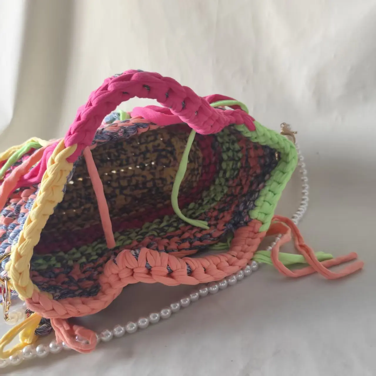 Yiwu Yingzi Handmade Crochet Handbag, Colorful Striped Woven Bag with Tassels & Pearl Chain, Boho Women's Tote