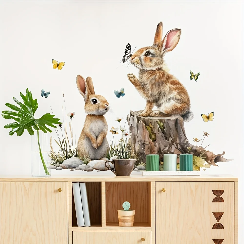 Nature Theme Wall Stickers Watercolor Style Tree Stumps Rabbit & Butterfly Decorative Background Wall Decor for Home B66