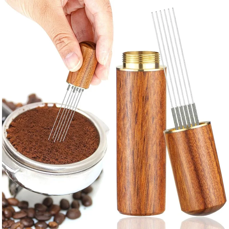 6 Needles Coffee Distribution Tool Stainless Steel Coffee Stirring Tool with Natural Wood Handle Base Barista Accessory Home Use