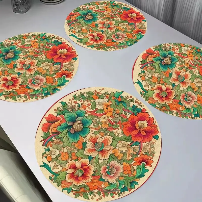VIKAMA China-Chic Vintage Peony Round Linen Placemats, Heat Resistant Washable for Dining Table Kitchen Decor