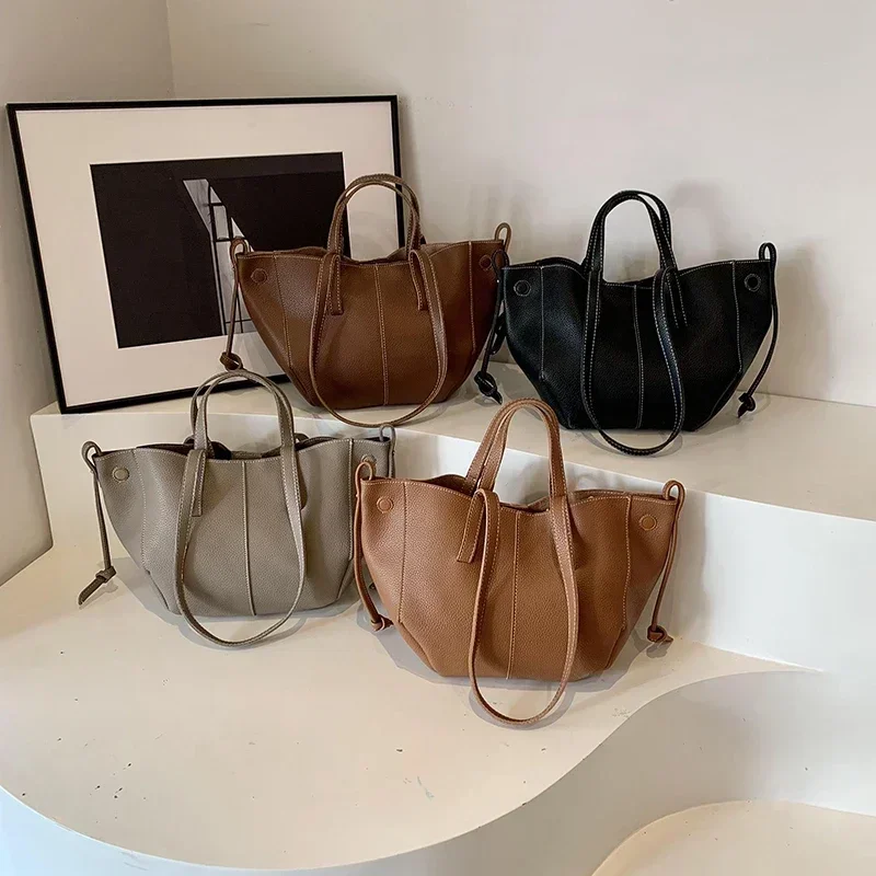 New Zipper Solid Color PU Handheld Tote Bag Large Capacity Fashionable Women\'s Bag Premium Single Underarm Sweet Shoulder Bag