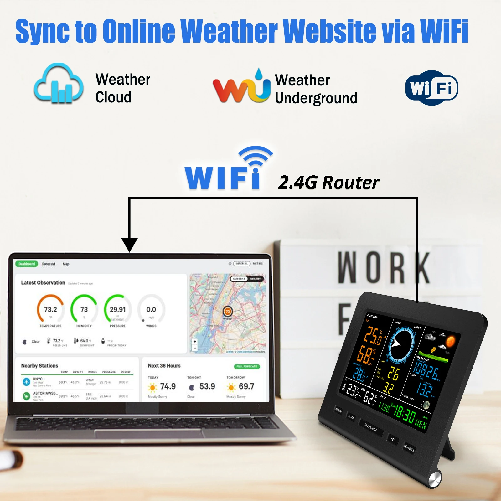 WiFi Weather Station 8-in-1 6 in Color Display with Solar Wireless Outdoor Sensor Alarm Alerts for Temperature Humidity