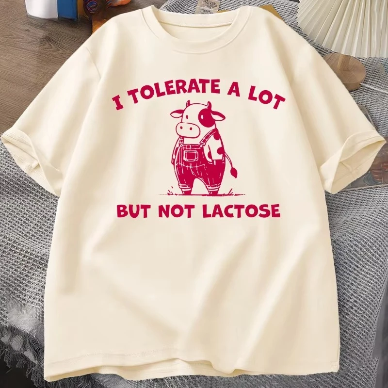 I Tolerate A Lot But Not Lactose Funny T-Shirt Cute Cow Meme Tee Shirt Vintage Y2K Humor T Shirt Cotton Short Sleeve Mens Tops
