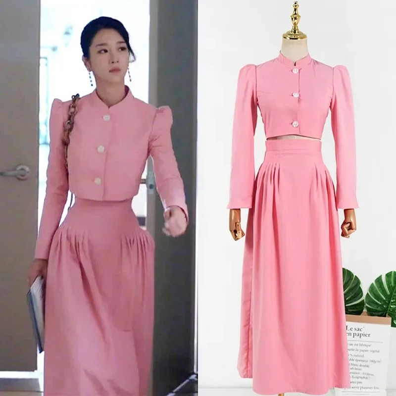 25 kpop Seo Sì Ji stessa moda estiva nuova camicia corta a maniche lunghe rosa top sciolto elegante gonna a vita alta set da due pezzi da donna