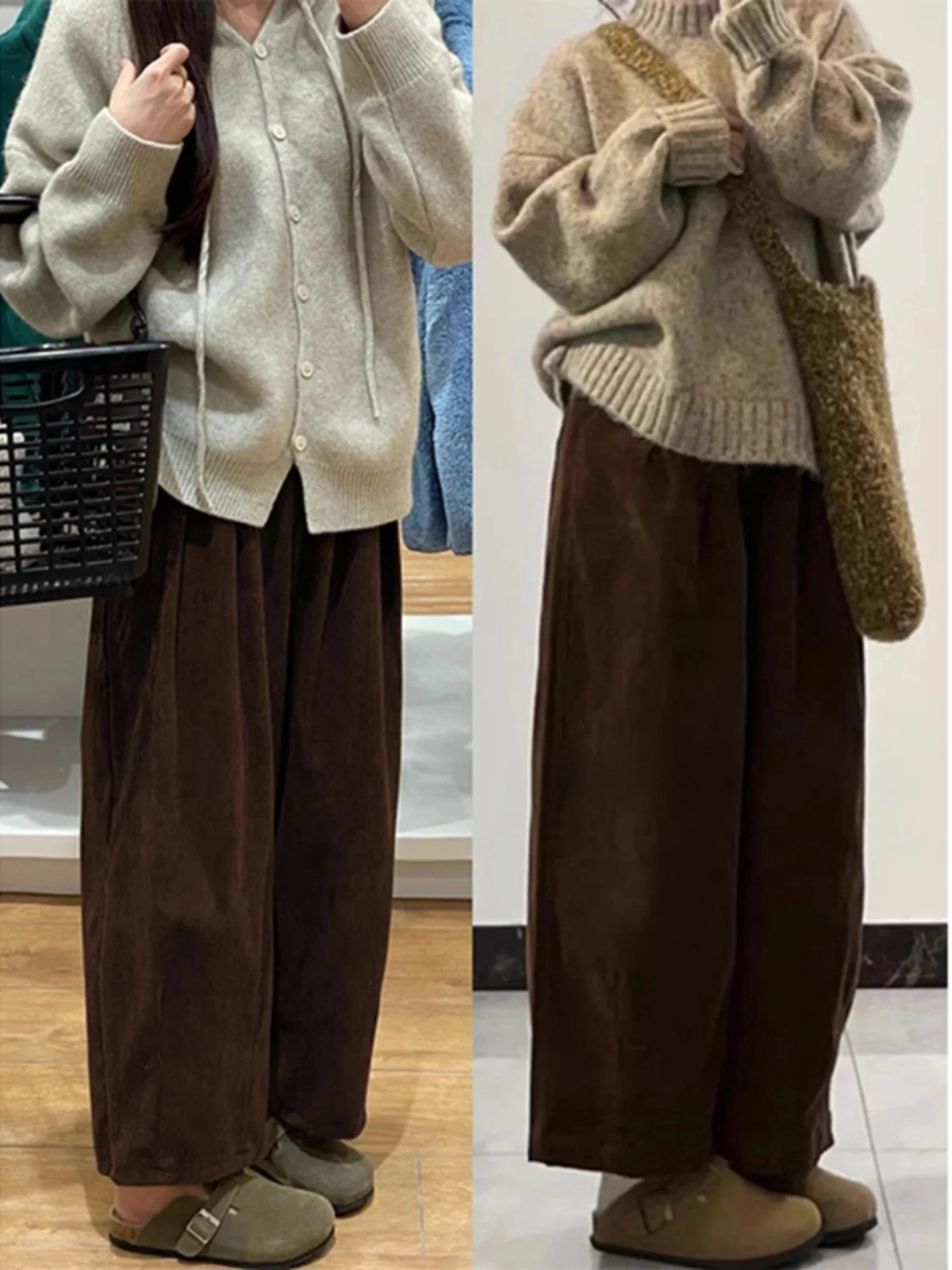 Japan fashion Retro Corduroy Wide-Leg Pants Women Autumn and Winter Fleece-lined Loose Balloon Grandma's Pants Maillard Brown...