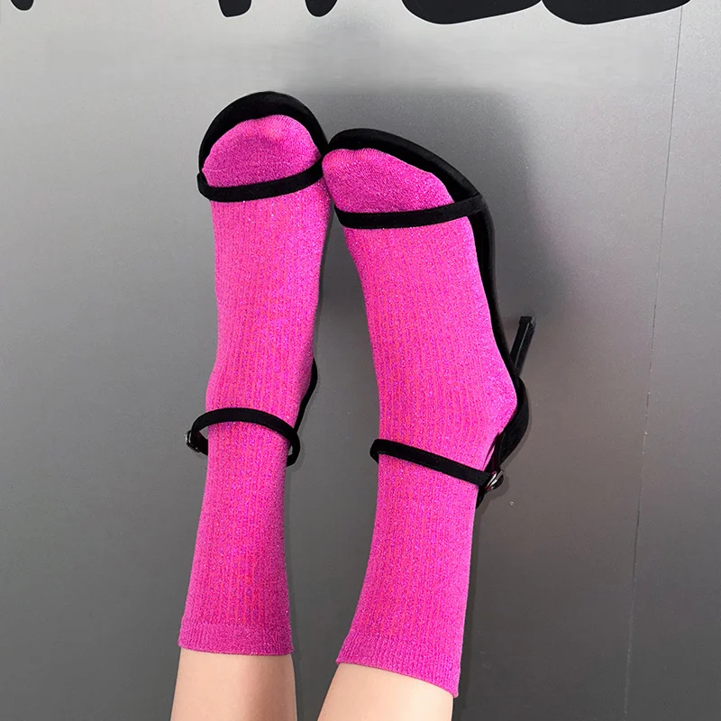 1 3 5 paar Dames Glitter Metallic Garen Gestreepte Sokken Halfhoge Kuitsokken Glinsterende Mode Sokken Sexy Casual Dagelijks gebruik Vier seizoenen