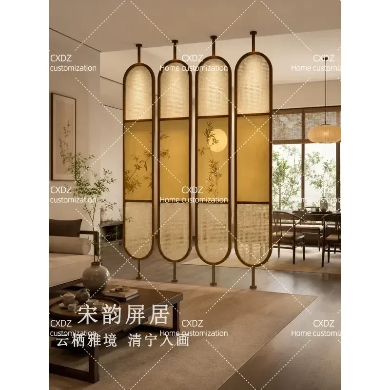 Song Style Aesthetics 2026 New Rattan Solid Wood Rotatable Screen Partition for Living Room Bedroom Tea Room Hall Divider