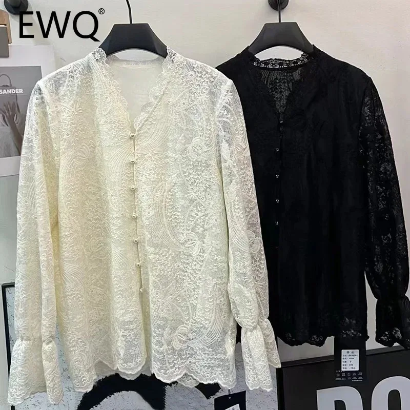 EWQ  Korean Chic Lace Blouse V-neck Single Breasted Long Sleeve Fashion Loose Casual Women Shirts 2025 Spring New Tide 16O4200