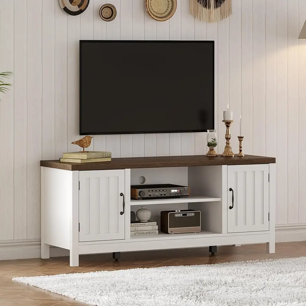Farmhouse Tv Stand, Wood Fluted Door Entertainment Center With Storage Cabinets And Open Shelves, Rustic Media Console Up To 55