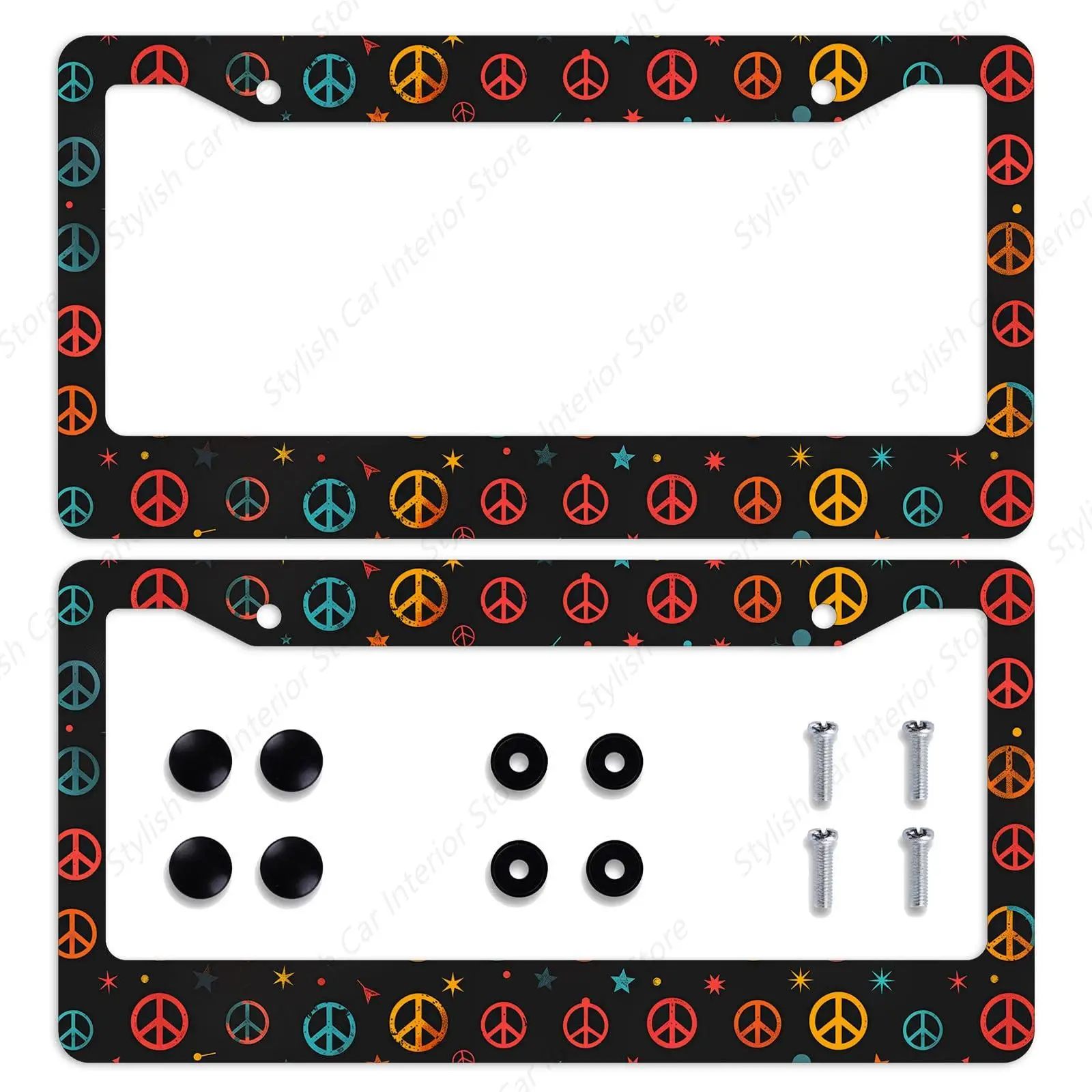 

2Pcs Peace License Plate Frame Retro Colorful Stars License Plate Frames Personalise Stainless Steel Funny Design Compatible
