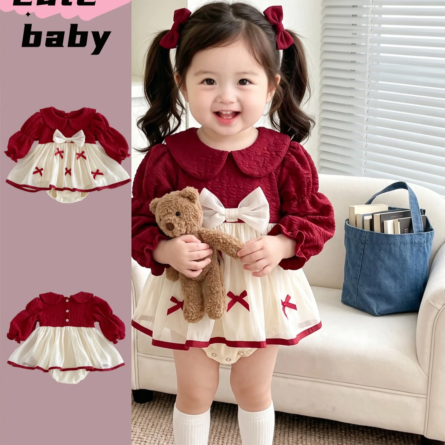 2026 Autumn New Korean Version Children's Clothing Girls' Jumpsuit, Sweet Butterfly Knot Patchwork Princess Mesh Climbing Suit