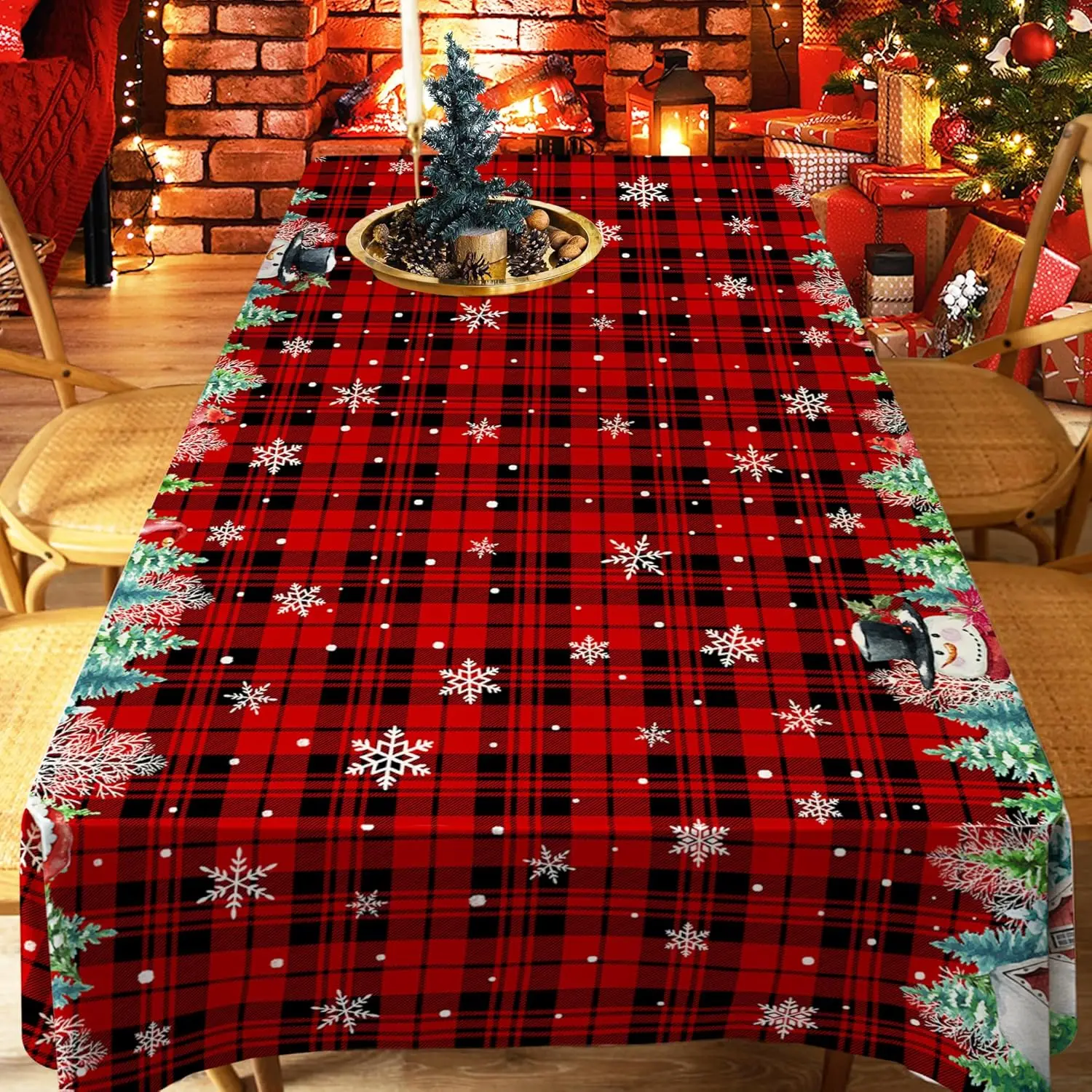 Christmas Snowman Waterproof Tablecloth Party Decor Xmas Washable Red Green Plaid Table Cloths Kitchen Dining Room Table Decor