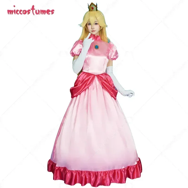 

Miccostumes Women Girls Peach Cosplay Costume Dress and Crown with Petticoat and Gloves