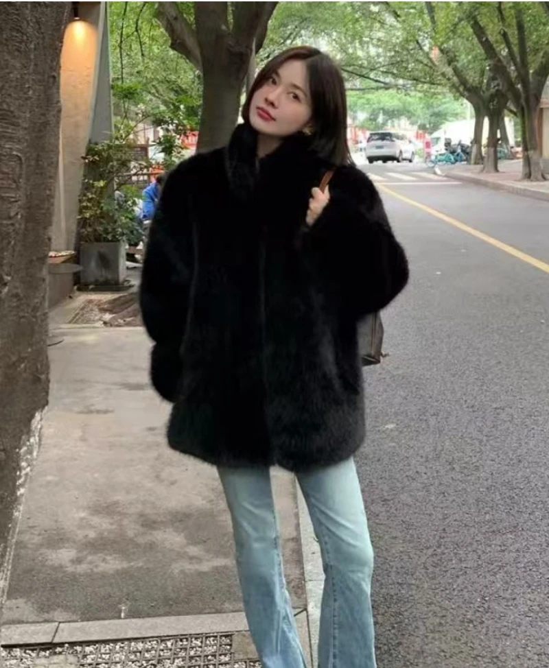 Luxurious Faux Fur Lapel Coat Women's Elegant Solid Loose Lace-Up Leisure Jacket Winter Fashion Female Keep Warm Fur Coat
