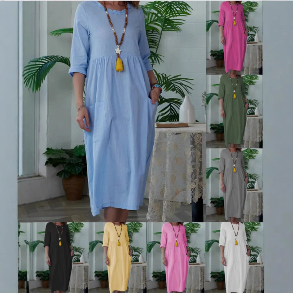 

Women Dress O Neck Long Dresses Three Quarter Sleeve Spliced Loose Fit Pockets Casual Ankle Length Dress Summer Vestidos
