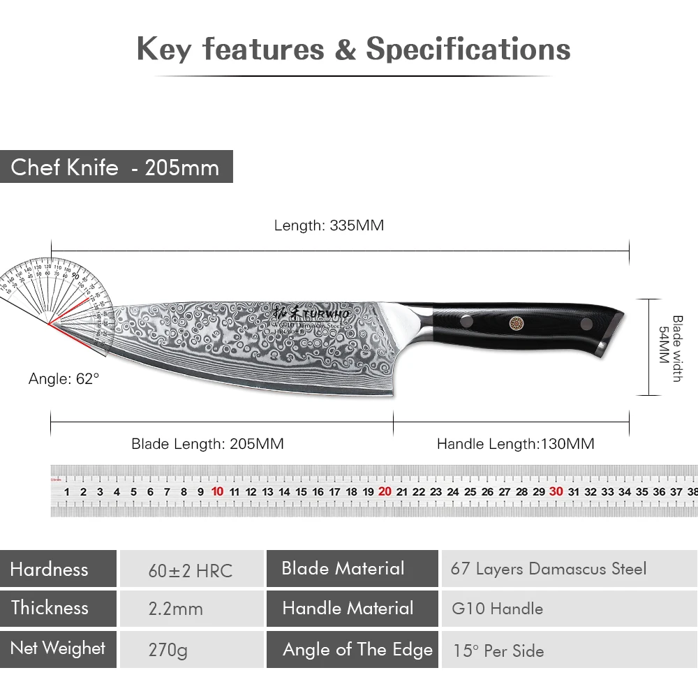 Coltelli da cuoco professionale da 8 pollici TURWHO coltello da cucina giapponese 67 strati in acciaio damasco VG10 Core Super affilato per carne e