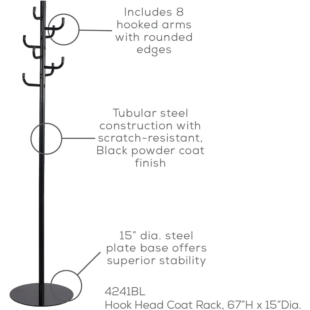 Safco Hook Head Coat Rack, Freestanding Hat and Jacket Hanger with 8 Rounded Edge Hooks, Durable Black Powder Coat Finish