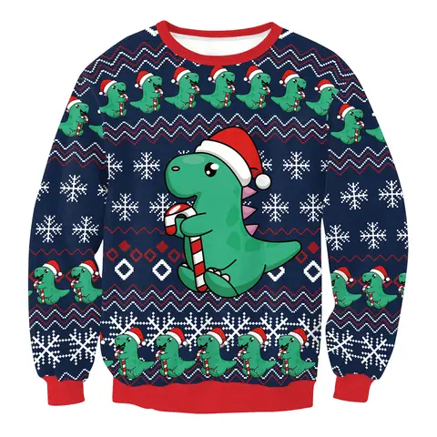 Men Women Xmas Sweatshirt 3D Christmas Snowflakes Print Holiday Party Jumper Tops Pullover Cute Dinosaur Ugly Christmas Sweater