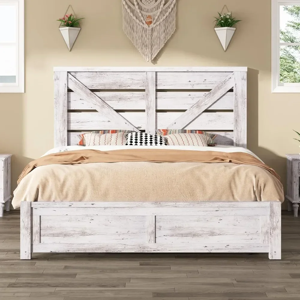 

Queen Size Bed Frame with 49.2" Barn Door Headboard with Wood Slats, Under Beds Storage Space, Bed Frame