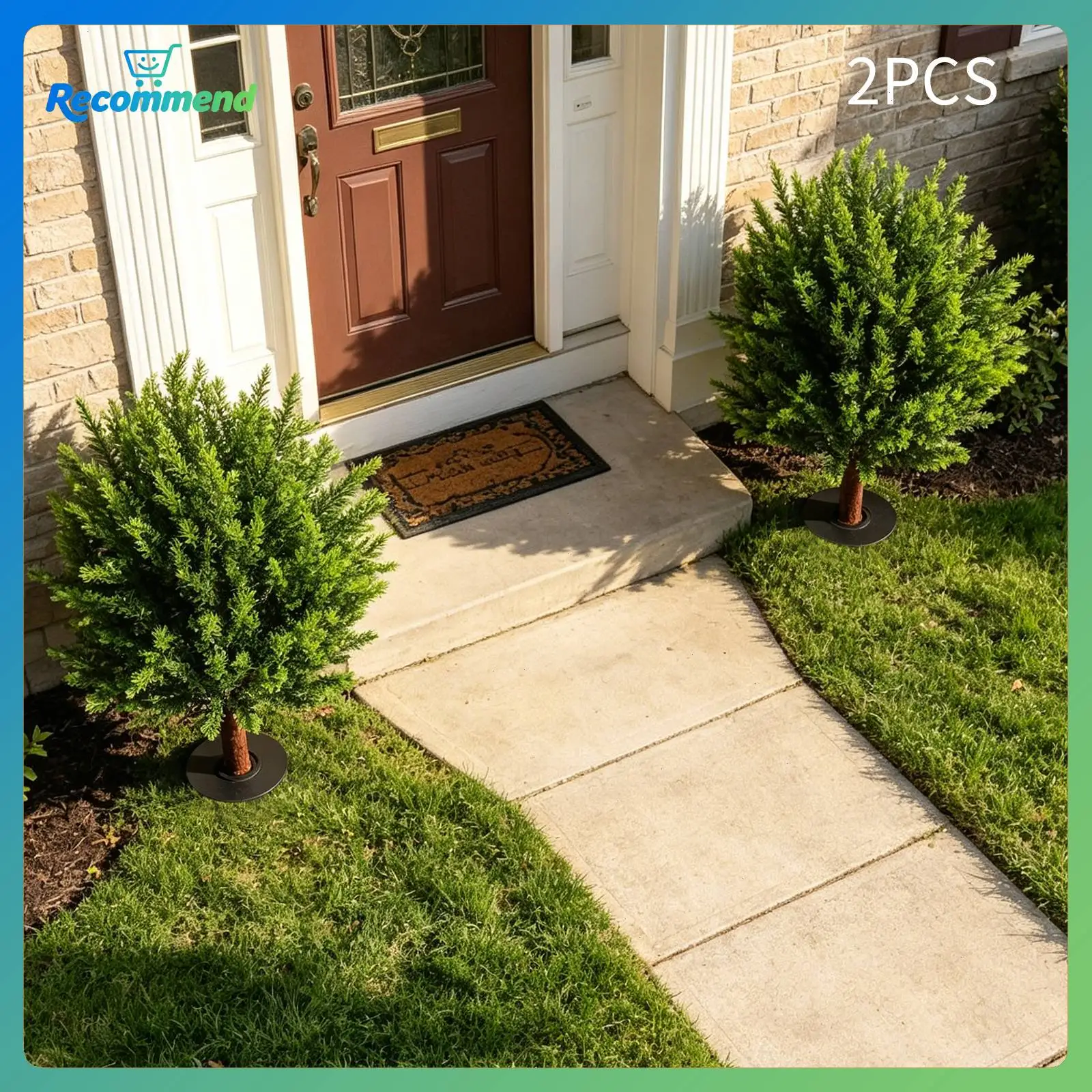 2 Pcs 26.5" Height  Fake Trees, Outdoor Artificial Topiary Trees, Fake Plants, UV Resistant Faux Cedar Topiary Ball Set , , Ground Spike, for Front Porch Indoor Outdoor Decoration