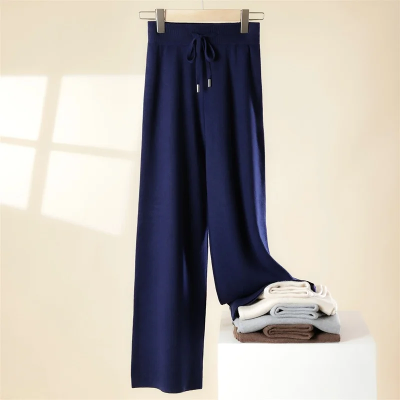 Autumn Winter 2025 New Fashion High Quality Wool Loose Knit Wide Leg Drop Straight Trousers Cashmere Woolen Elastic waist pants